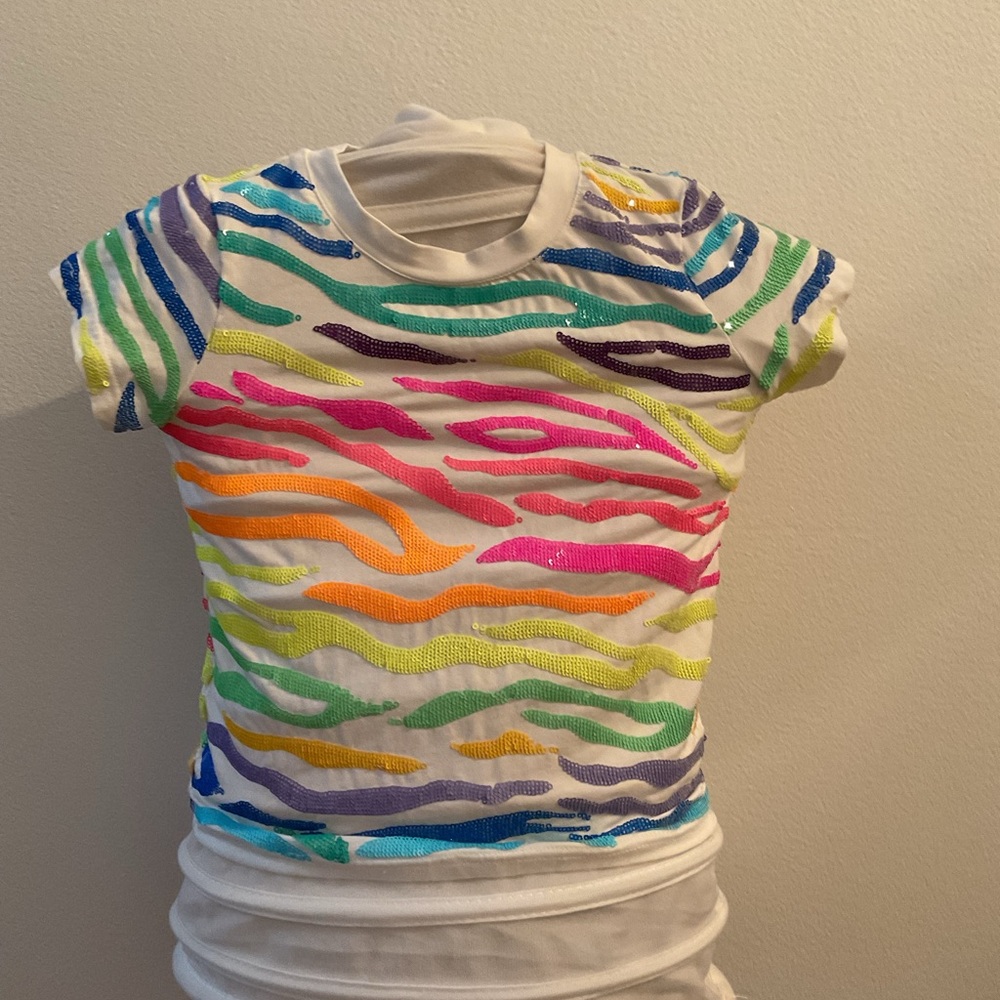 QUEEN OF SPARKLES Girls Rainbow Sequin Zebra-Stripe Tee – Size (Add Size)